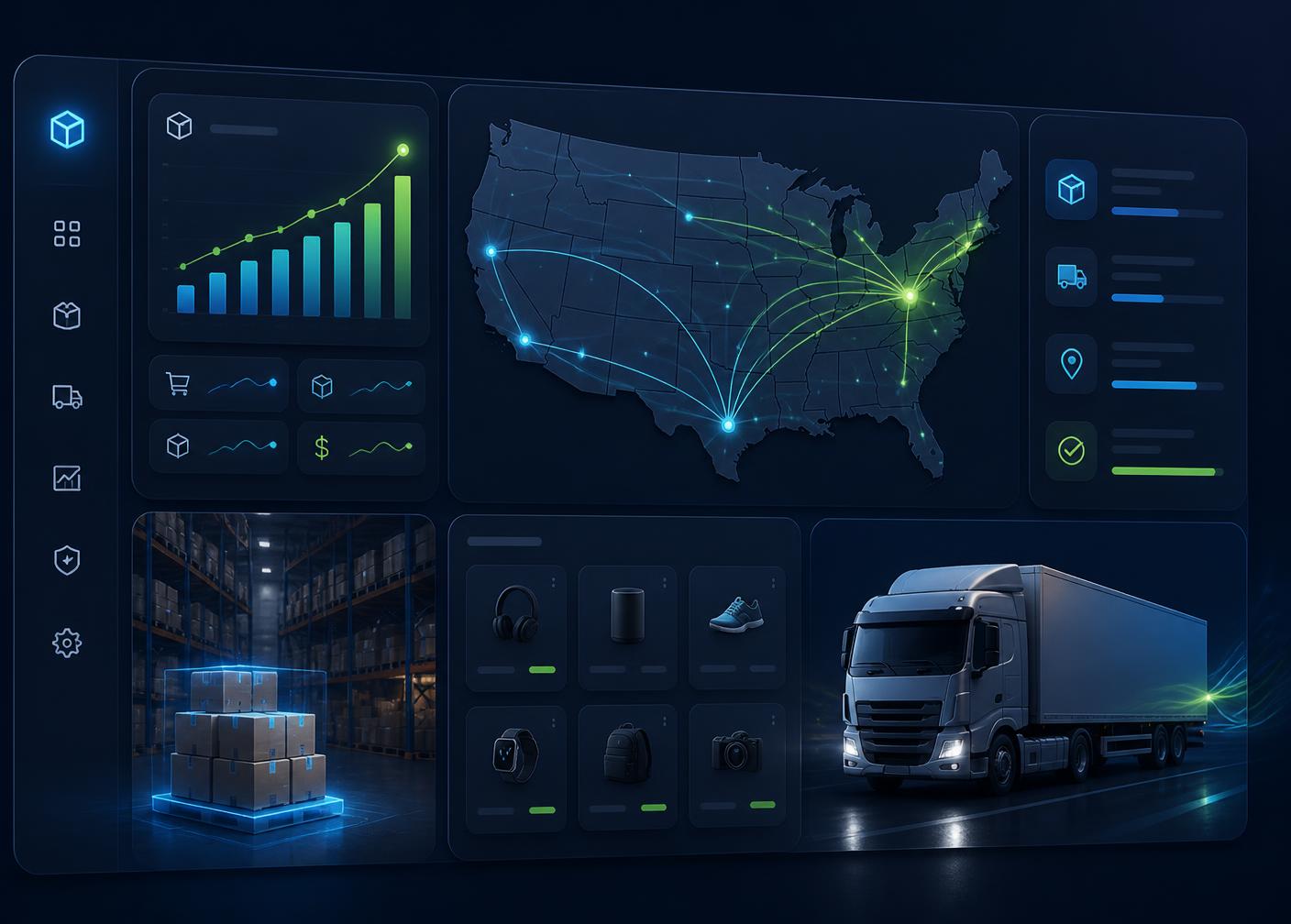 Astrix Grid BD warehouse dashboard showing US shipping routes, live order analytics, and same-day fulfillment